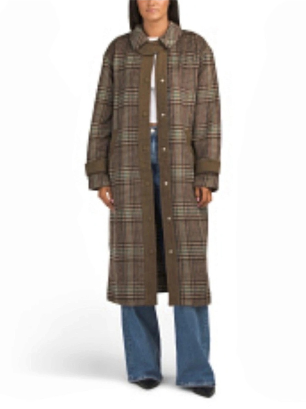 Avec Les Filles Long Time Trench Plaid Brown & Green